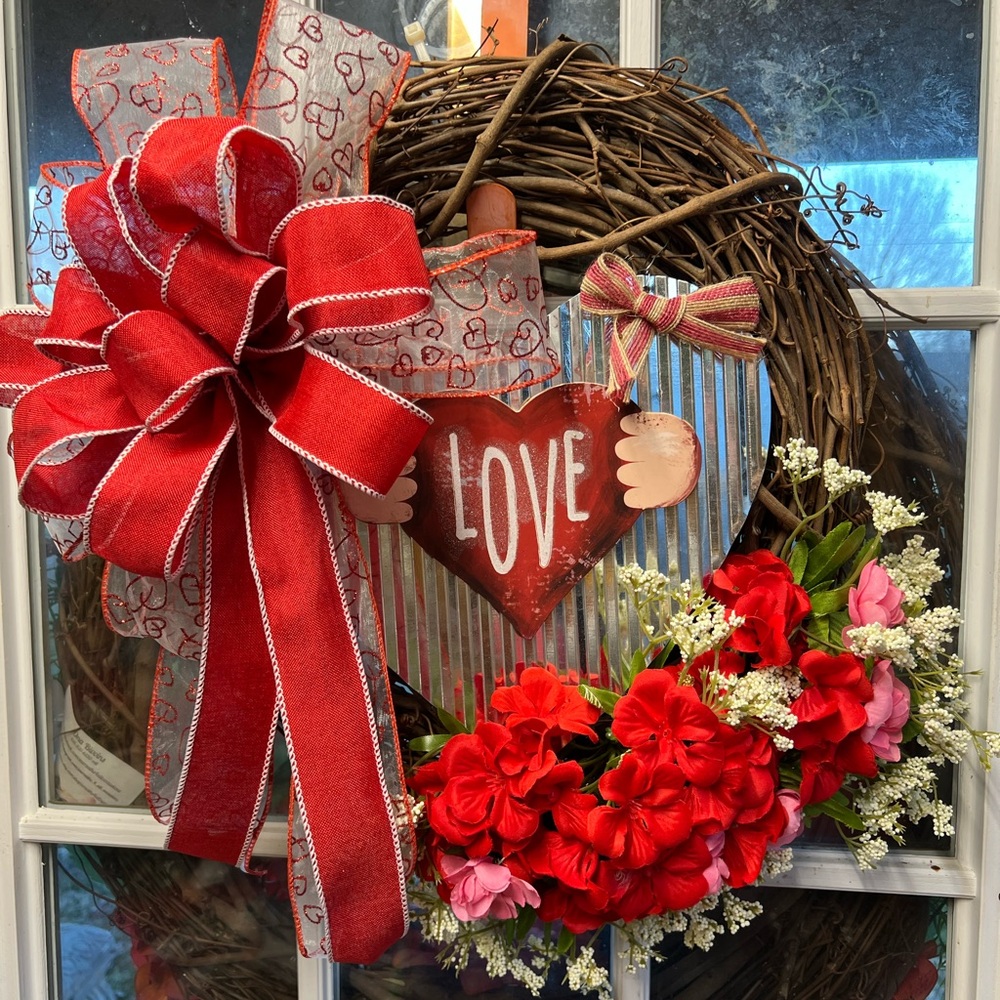 Red and White Valentine’s Day Holiday Wreath with Love Heart sign